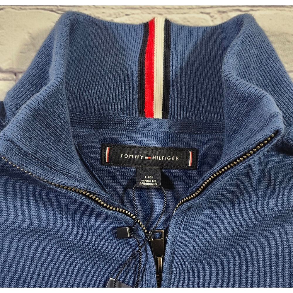 NWT Tommy Hilfiger Mens Quarter Zip Mock Neck Sweater Blue Cotton Large - Picture 2 of 7